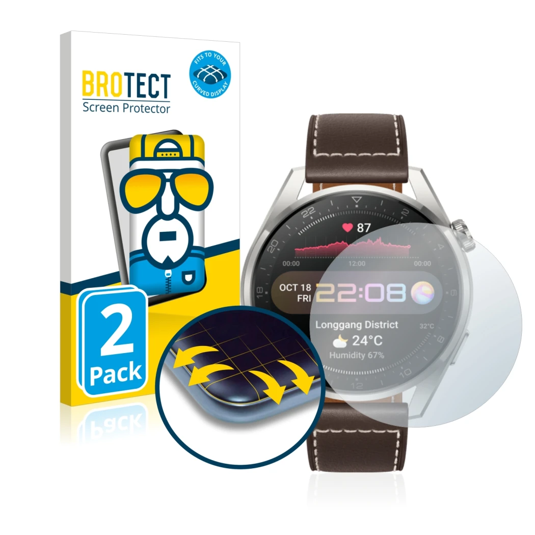 Parte frontale di una confezione del prodotto con il logo del marchio BROTECT. Accanto è raffigurato il dispositivo Huawei Wat