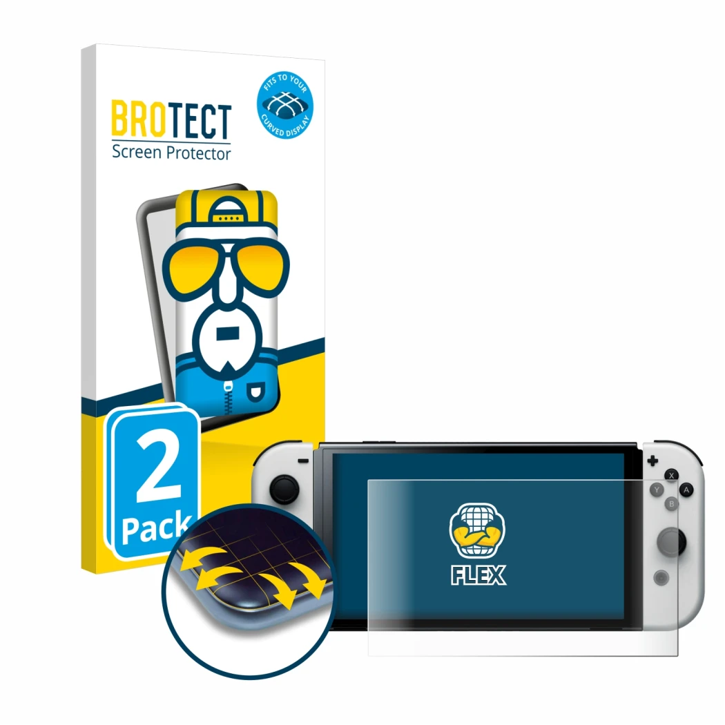 Parte frontale di una confezione del prodotto con il logo del marchio BROTECT. Accanto è raffigurato il dispositivo Nintendo S