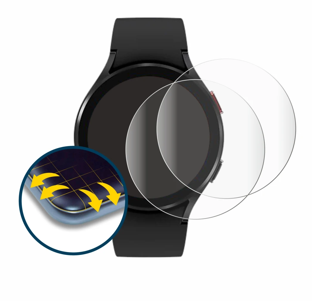 Immagine del dispositivo Samsung Galaxy Watch 4 (44mm) con un'ampia varietà di protezioni per lo schermo.