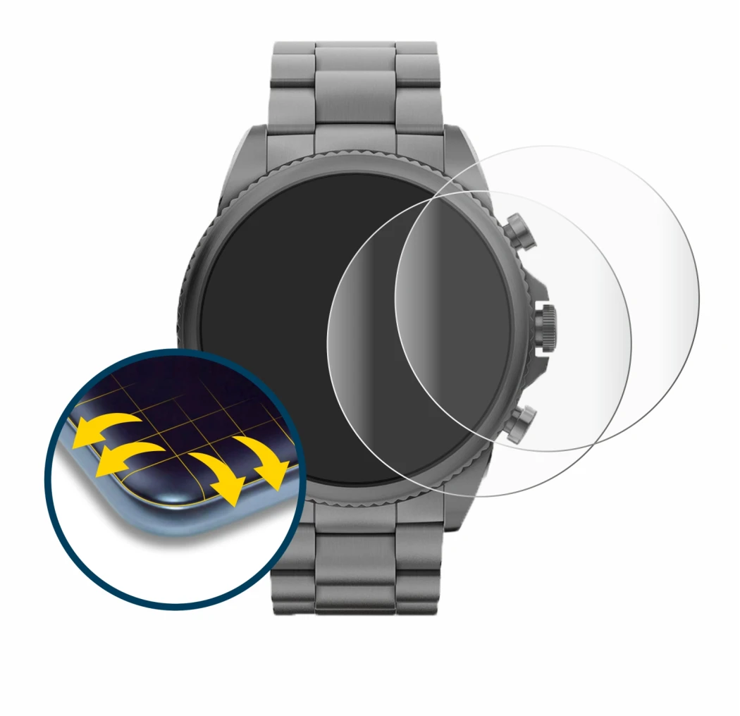 Immagine del dispositivo Fossil Gen 6 (44mm) con un'ampia varietà di protezioni per lo schermo.