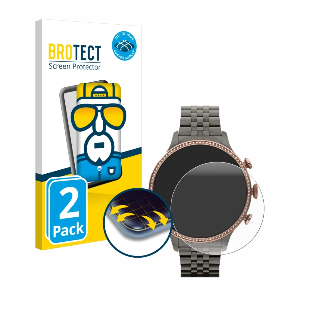 Parte frontale di una confezione del prodotto con il logo del marchio BROTECT. Accanto è raffigurato il dispositivo Fossil Gen