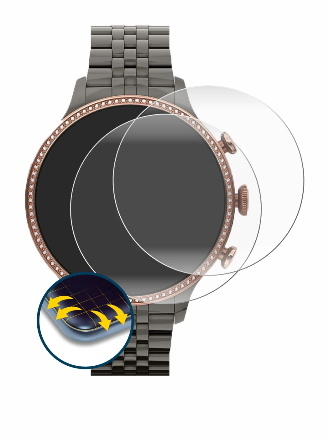 Immagine del dispositivo Fossil Gen 6 (42mm) con un'ampia varietà di protezioni per lo schermo.