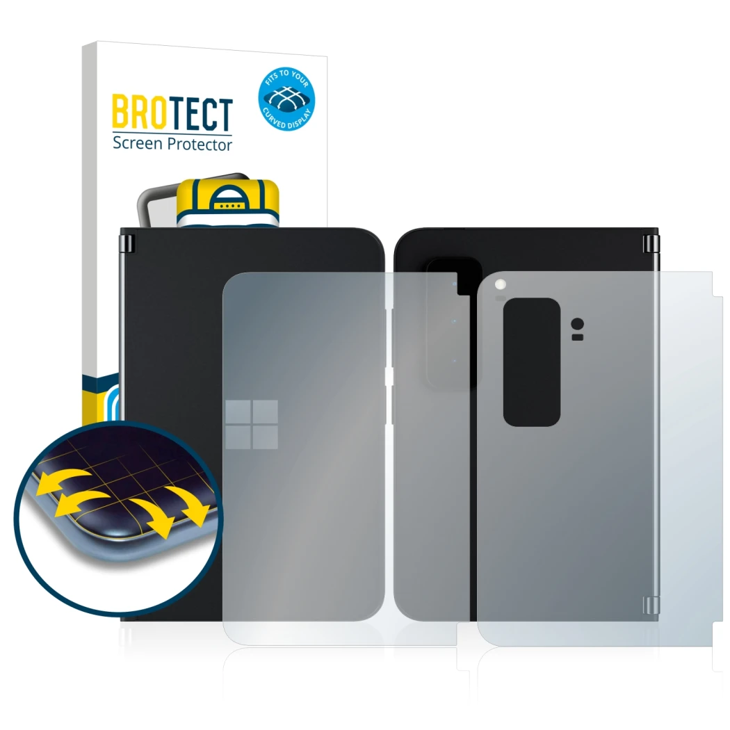 Parte frontale di una confezione del prodotto con il logo del marchio BROTECT. Accanto è raffigurato il dispositivo Microsoft 