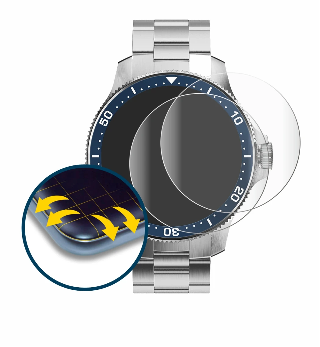 Immagine del dispositivo Withings ScanWatch Horizon (43 mm) con un'ampia varietà di protezioni per lo schermo.