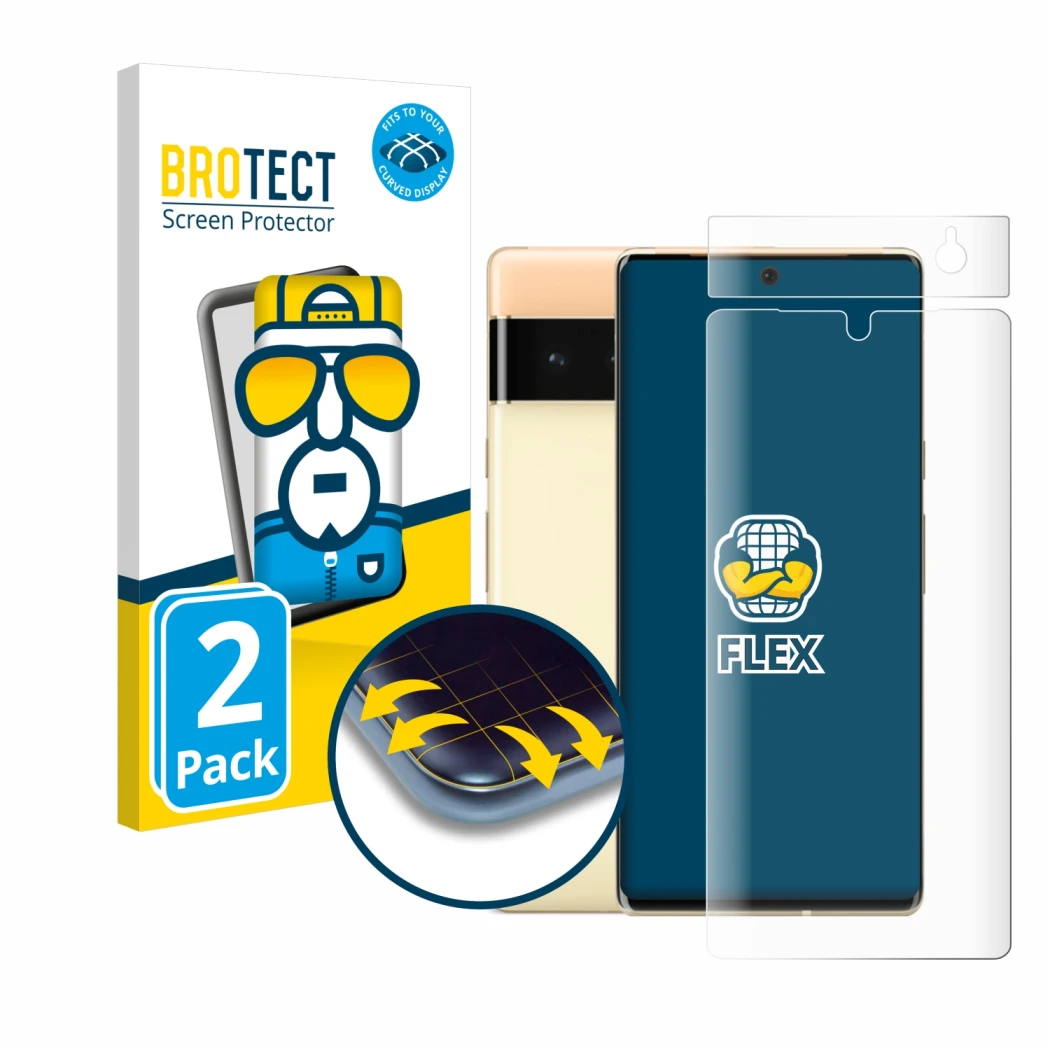 Parte frontale di una confezione del prodotto con il logo del marchio BROTECT. Accanto è raffigurato il dispositivo Google Pix