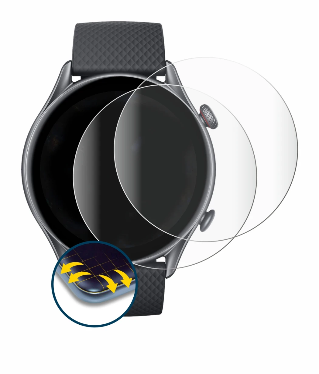 Immagine del dispositivo Huami Amazfit GTR 3 Pro con un'ampia varietà di protezioni per lo schermo.