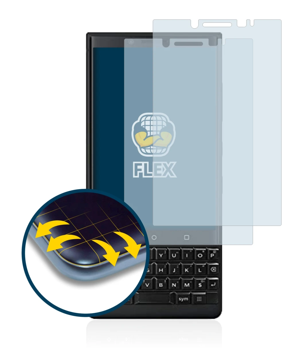 Immagine del dispositivo BlackBerry Key2 (Dual Sim) con un'ampia varietà di protezioni per lo schermo.