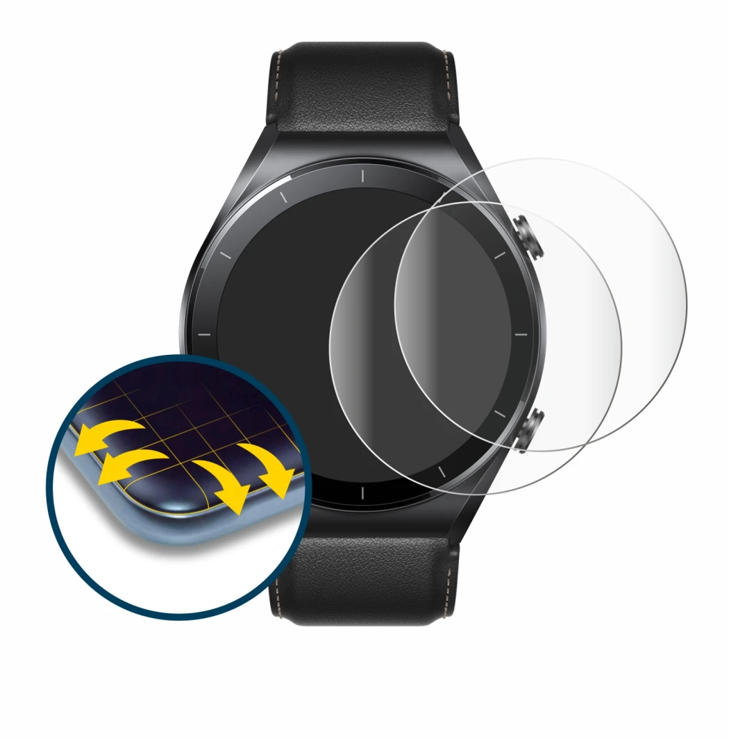 Immagine del dispositivo Xiaomi Watch S1 con un'ampia varietà di protezioni per lo schermo.