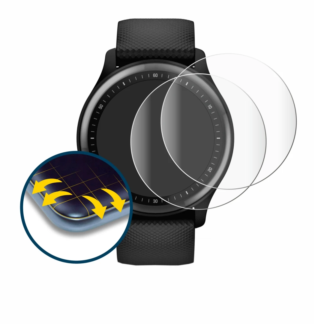 Immagine del dispositivo Garmin Vivomove Sport con un'ampia varietà di protezioni per lo schermo.