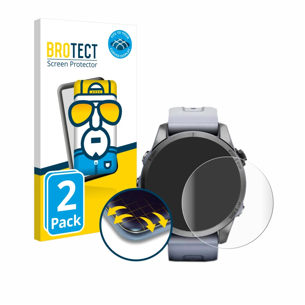 Parte frontale di una confezione del prodotto con il logo del marchio BROTECT. Accanto è raffigurato il dispositivo Garmin Fen
