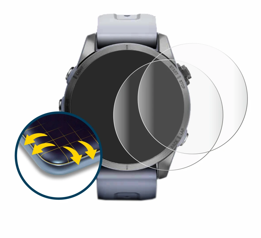 Immagine del dispositivo Garmin Fenix 7S v con un'ampia varietà di protezioni per lo schermo.
