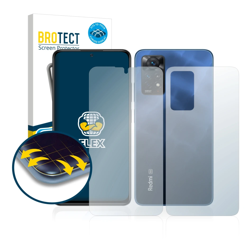 Parte frontale di una confezione del prodotto con il logo del marchio BROTECT. Accanto è raffigurato il dispositivo Xiaomi Red