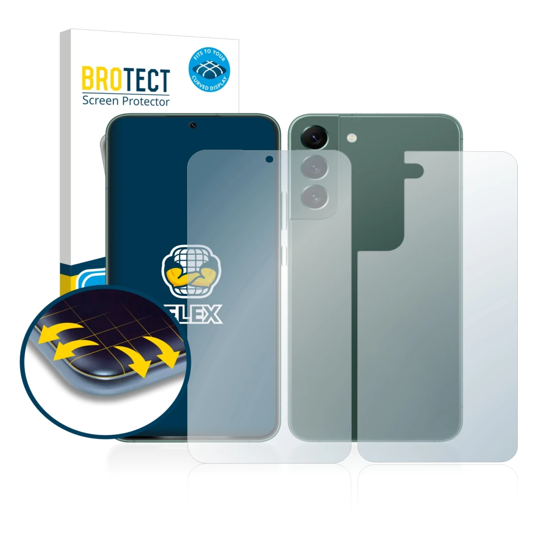 Parte frontale di una confezione del prodotto con il logo del marchio BROTECT. Accanto è raffigurato il dispositivo Samsung Ga