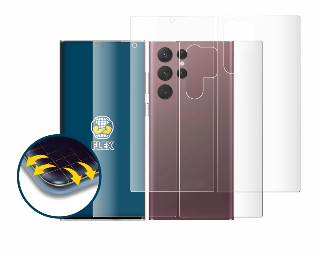 Immagine del dispositivo Samsung Galaxy S22 Ultra 5G (Fronte+Retro) con un'ampia varietà di protezioni per lo schermo.