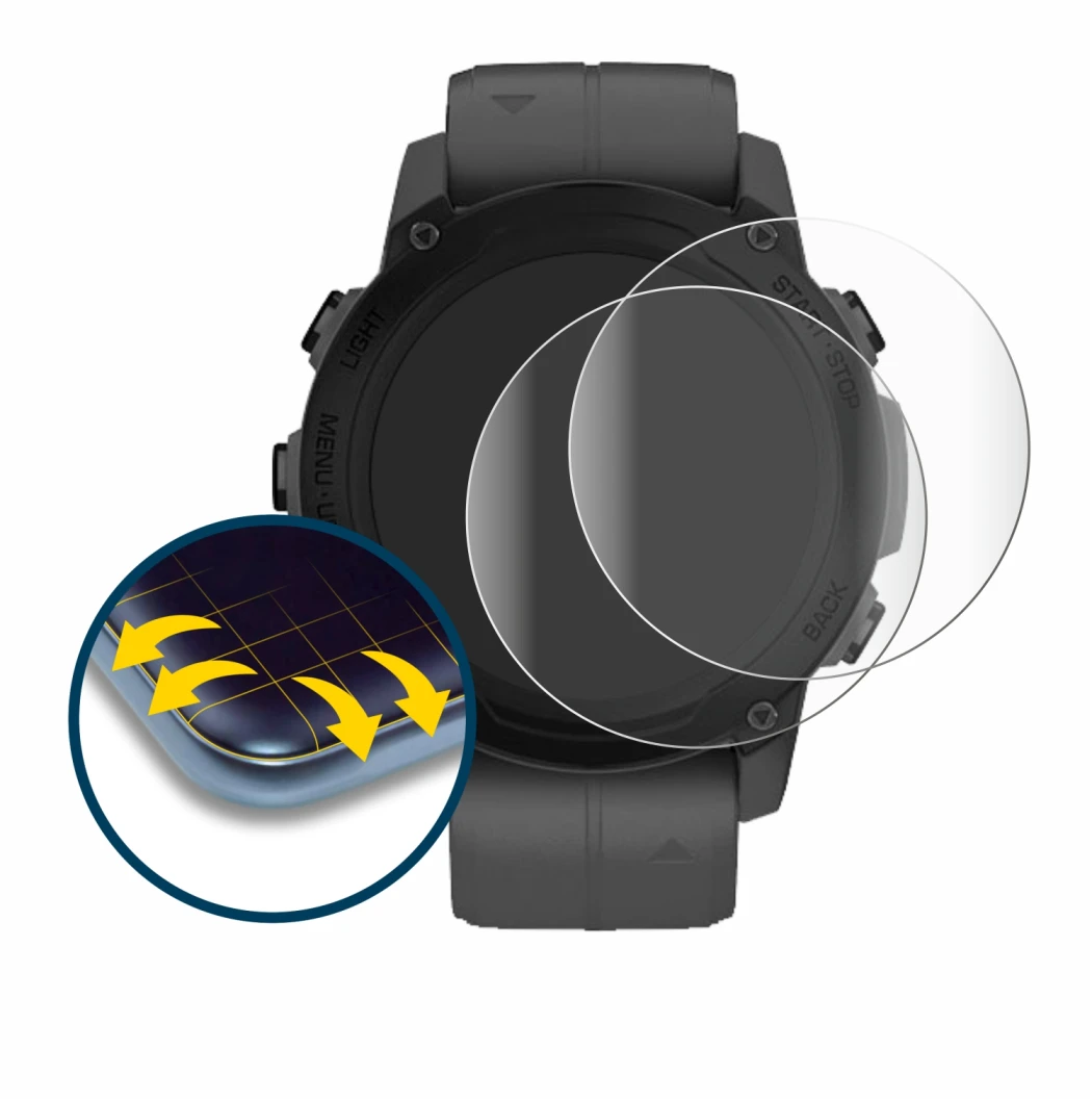 Immagine del dispositivo Garmin Descent G1 con un'ampia varietà di protezioni per lo schermo.