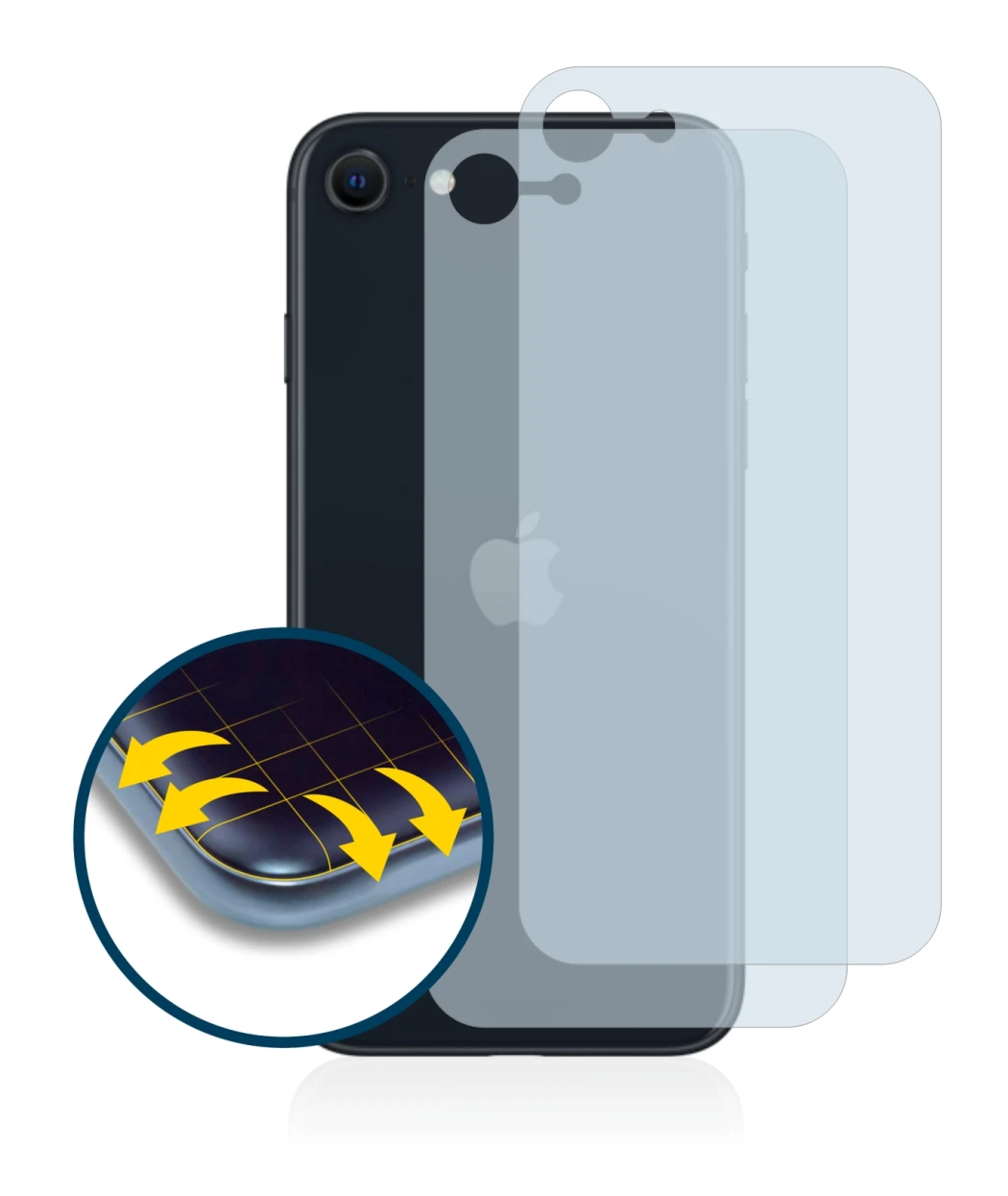 Immagine del dispositivo Apple iPhone SE 3 2022 (Posteriore) con un'ampia varietà di protezioni per lo schermo.