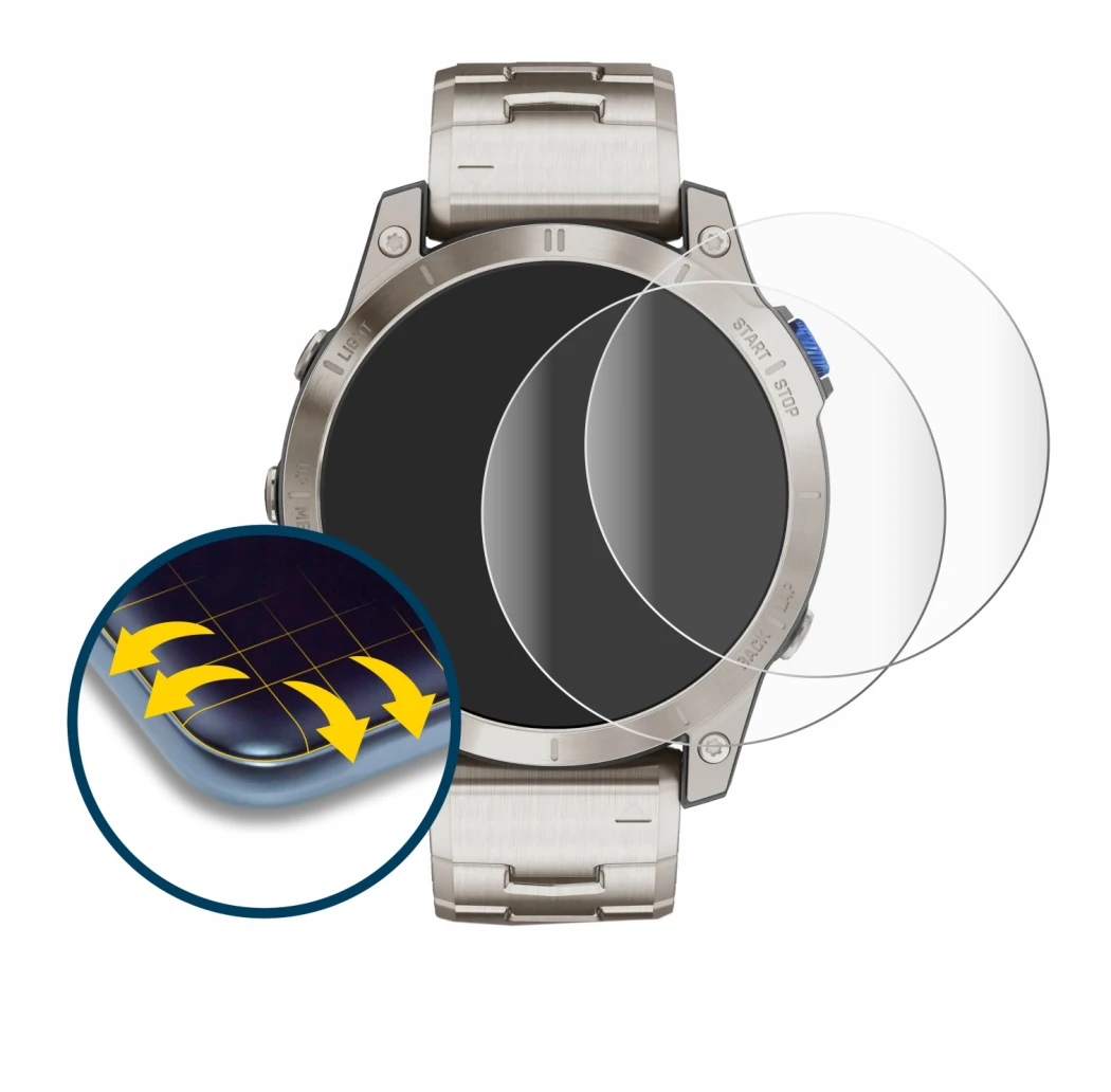 Immagine del dispositivo Garmin D2 Mach 1 con un'ampia varietà di protezioni per lo schermo.