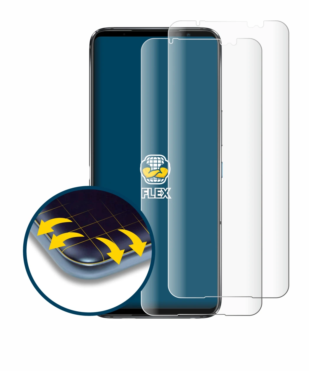 Immagine del dispositivo ASUS ROG Phone 6 Pro con un'ampia varietà di protezioni per lo schermo.