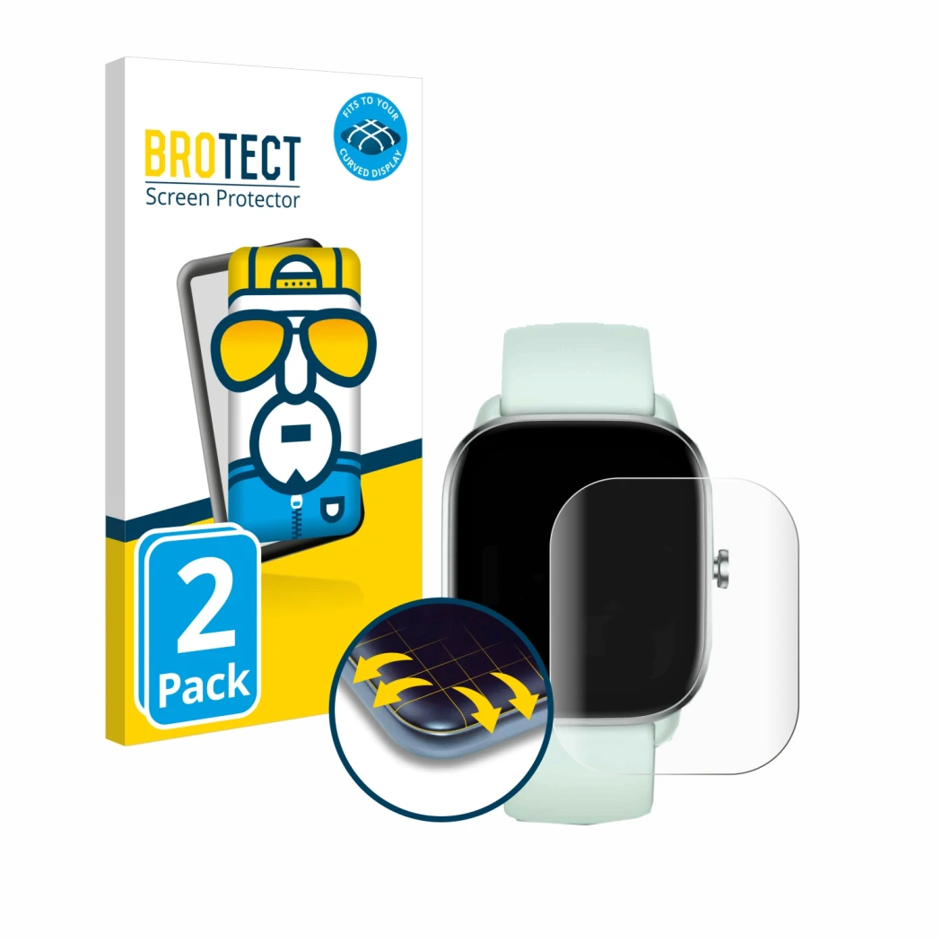 Parte frontale di una confezione del prodotto con il logo del marchio BROTECT. Accanto è raffigurato il dispositivo Huami Amaz