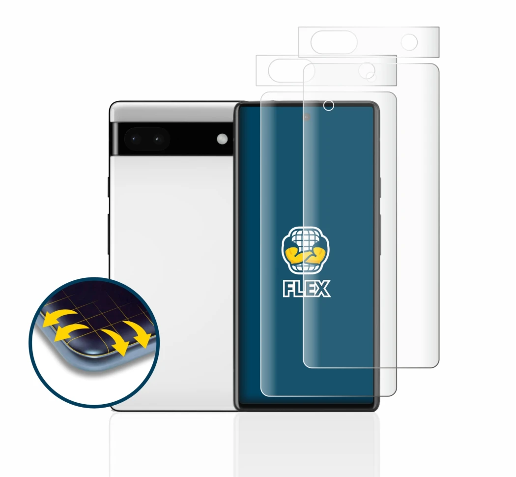 Immagine del dispositivo Google Pixel 6a (Fronte+Fotocamera) con un'ampia varietà di protezioni per lo schermo.