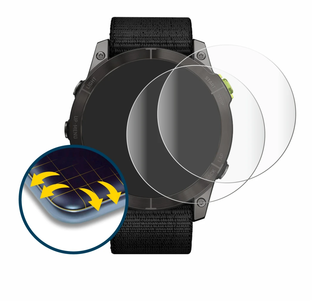 Immagine del dispositivo Garmin Enduro 2 con un'ampia varietà di protezioni per lo schermo.