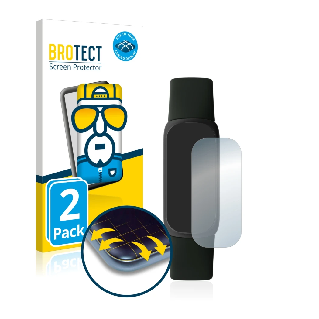 Parte frontale di una confezione del prodotto con il logo del marchio BROTECT. Accanto è raffigurato il dispositivo Fitbit Ins