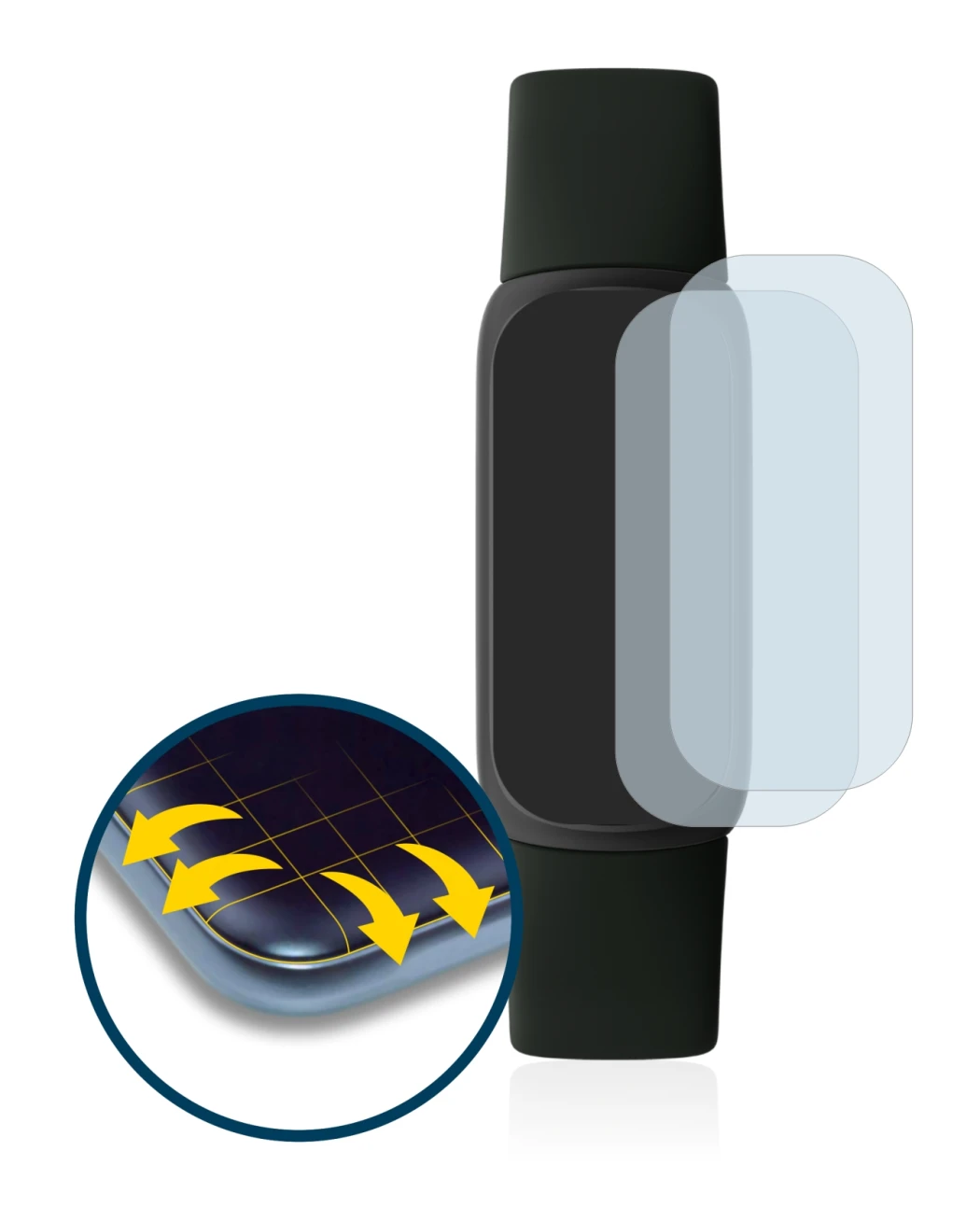 Immagine del dispositivo Fitbit Inspire 3 con un'ampia varietà di protezioni per lo schermo.