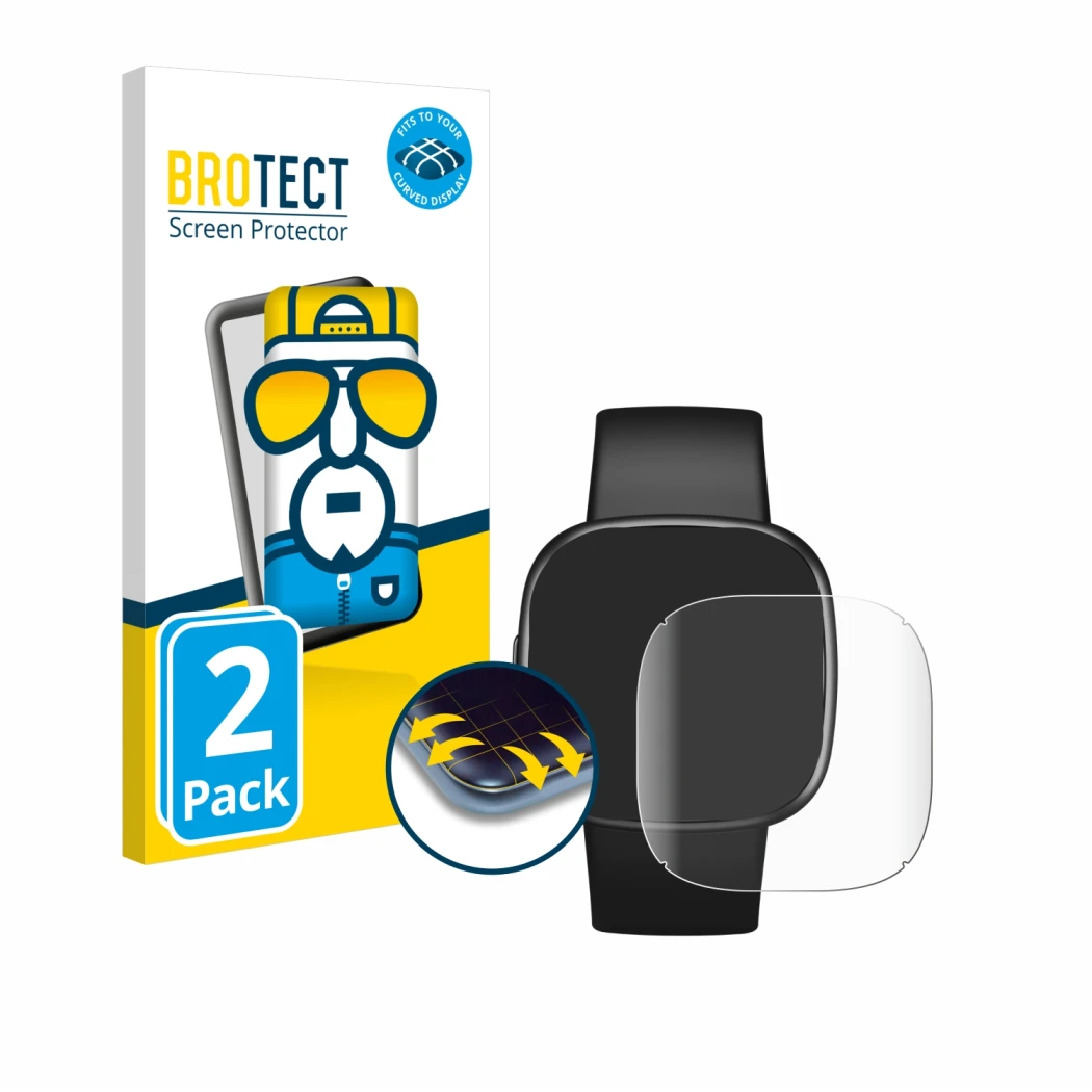 Parte frontale di una confezione del prodotto con il logo del marchio BROTECT. Accanto è raffigurato il dispositivo Fitbit Ver