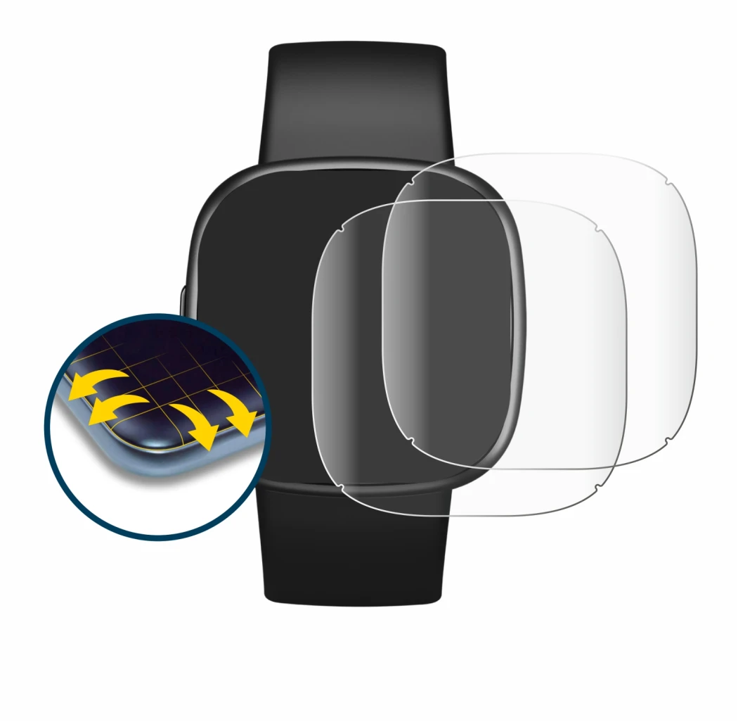 Immagine del dispositivo Fitbit Versa 4 con un'ampia varietà di protezioni per lo schermo.