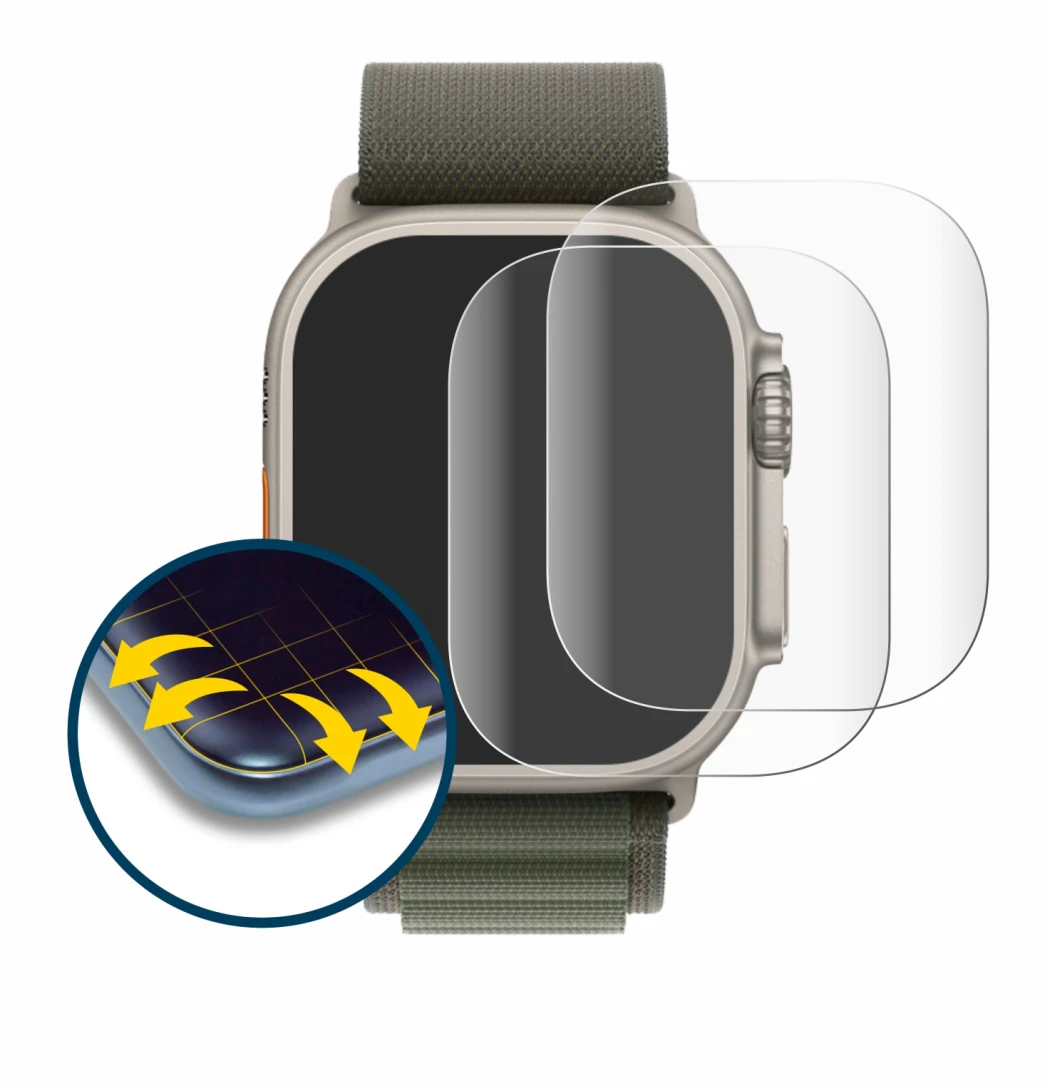 Immagine del dispositivo Apple Watch Ultra (49 mm) con un'ampia varietà di protezioni per lo schermo.