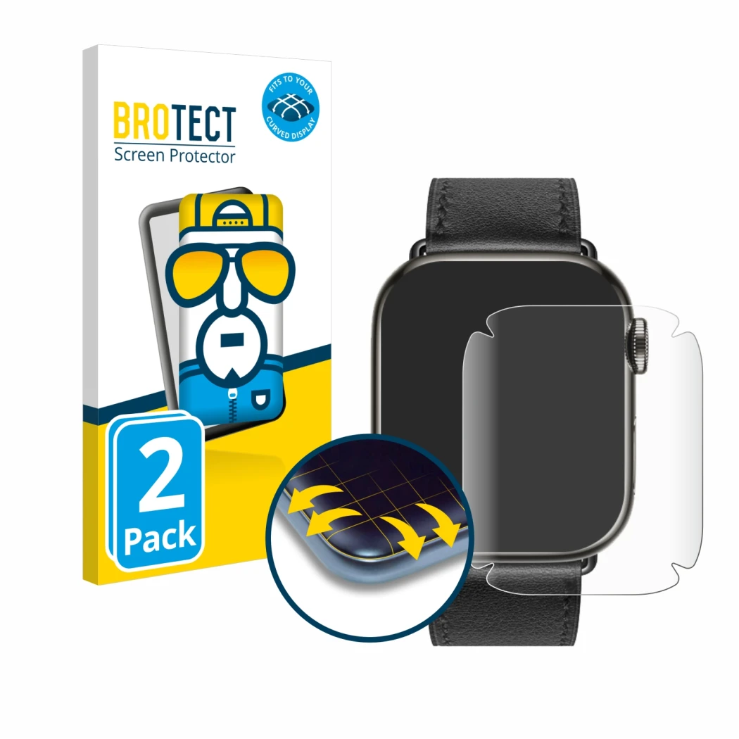 Parte frontale di una confezione del prodotto con il logo del marchio BROTECT. Accanto è raffigurato il dispositivo Apple Watc