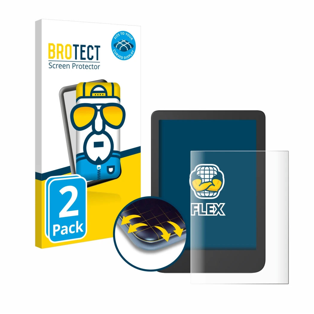 Parte frontale di una confezione del prodotto con il logo del marchio BROTECT. Accanto è raffigurato il dispositivo Tolino Shi