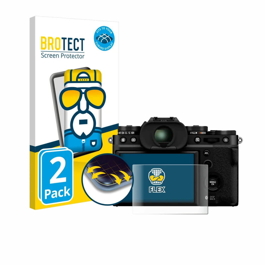 Parte frontale di una confezione del prodotto con il logo del marchio BROTECT. Accanto è raffigurato il dispositivo Fujifilm X