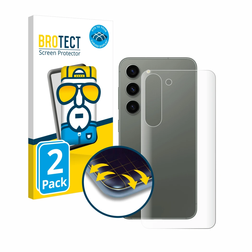 Parte frontale di una confezione del prodotto con il logo del marchio BROTECT. Accanto è raffigurato il dispositivo Samsung Ga
