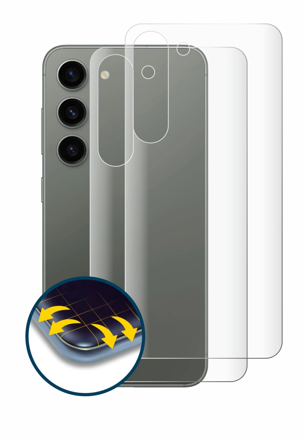 Immagine del dispositivo Samsung Galaxy S23 (Posteriore) con un'ampia varietà di protezioni per lo schermo.