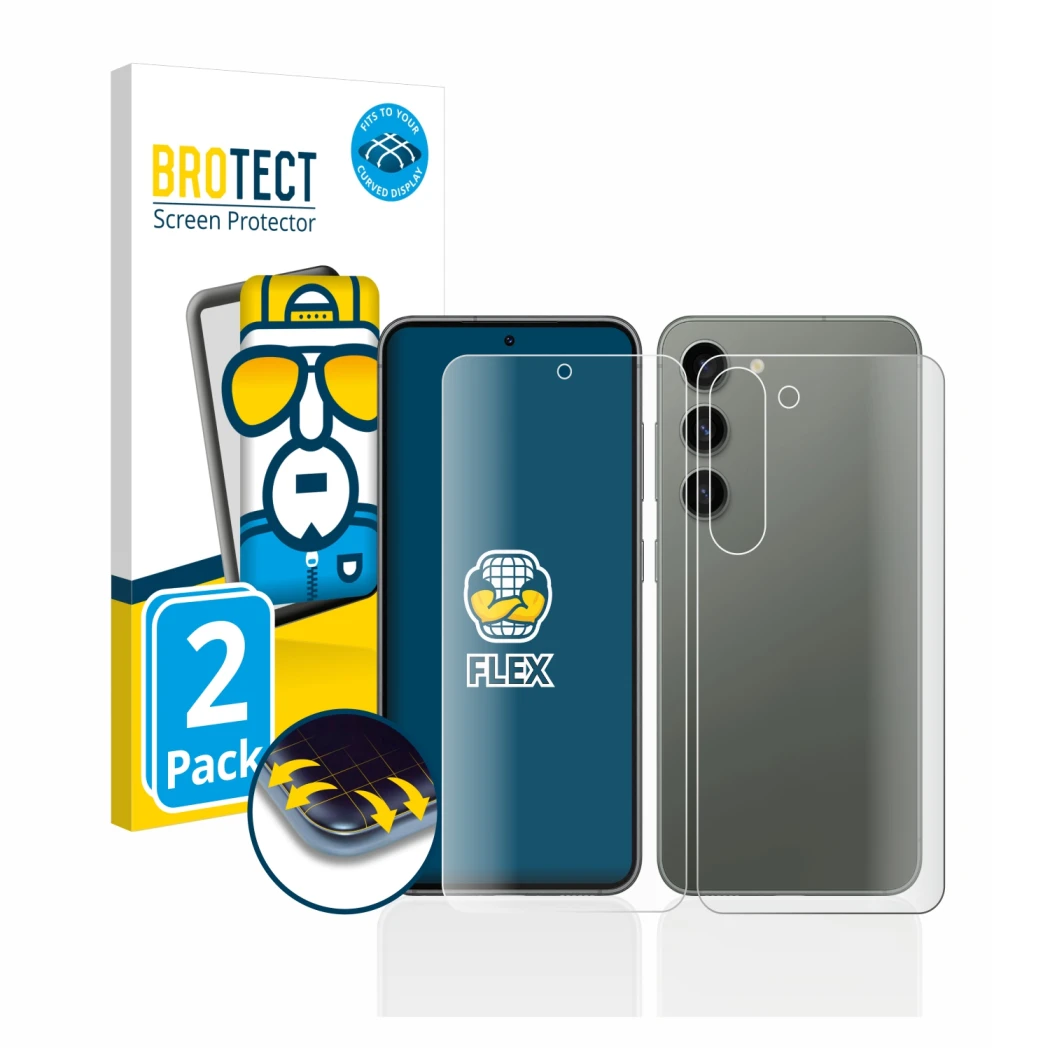 Parte frontale di una confezione del prodotto con il logo del marchio BROTECT. Accanto è raffigurato il dispositivo Samsung Ga