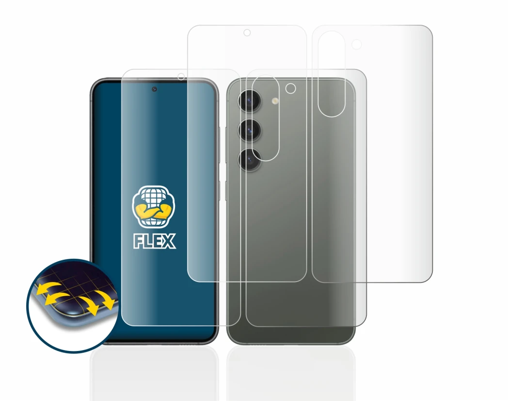 Immagine del dispositivo Samsung Galaxy S23 (Fronte+Retro) con un'ampia varietà di protezioni per lo schermo.