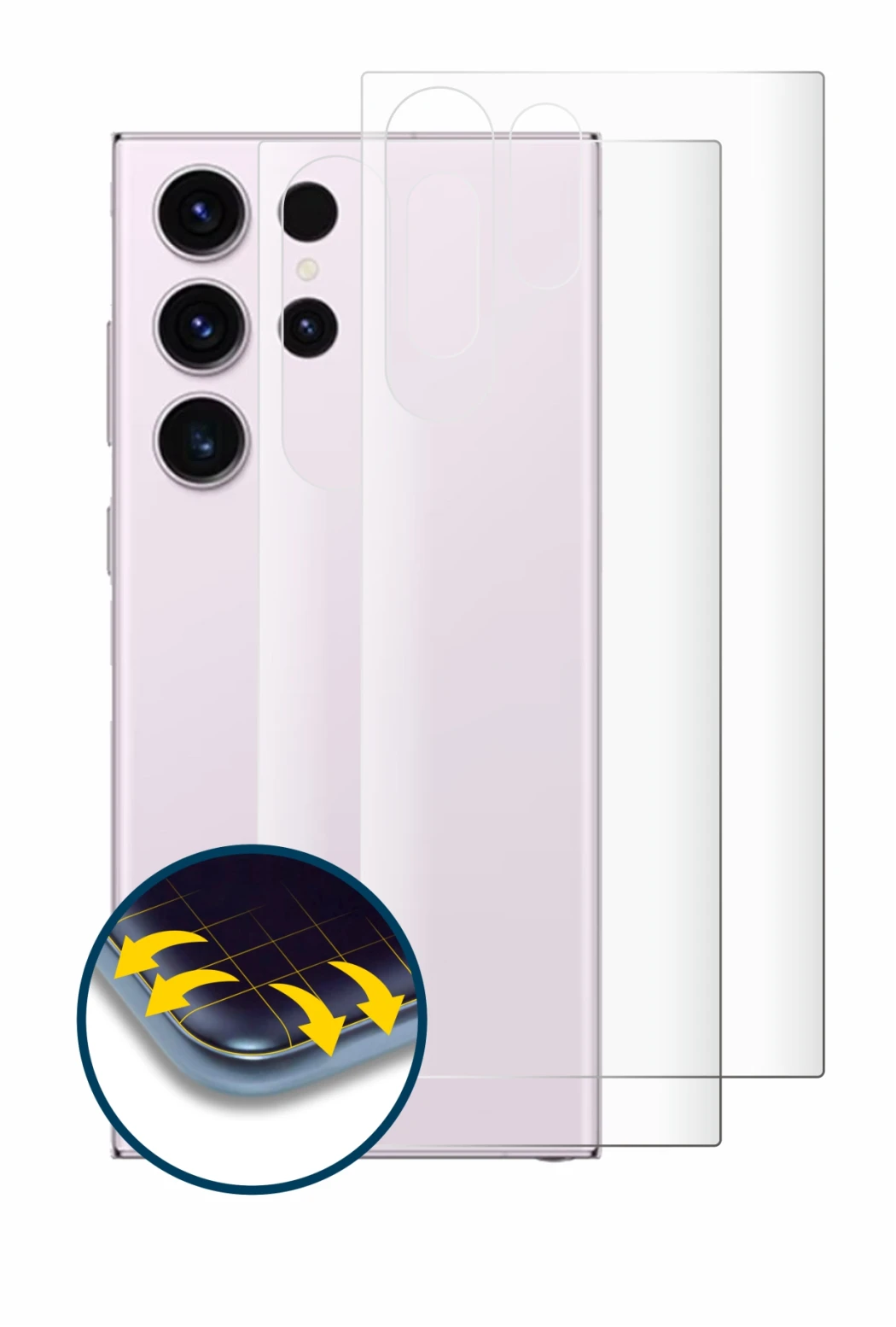 Immagine del dispositivo Samsung Galaxy S23 Ultra (Posteriore) con un'ampia varietà di protezioni per lo schermo.