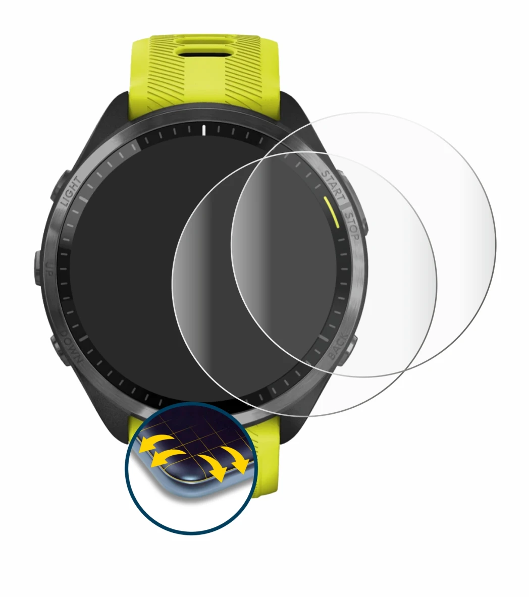 Immagine del dispositivo Garmin Forerunner 965 con un'ampia varietà di protezioni per lo schermo.