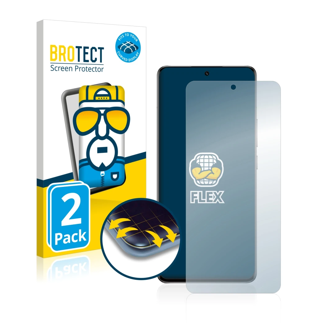 Parte frontale di una confezione del prodotto con il logo del marchio BROTECT. Accanto è raffigurato il dispositivo Xiaomi 13 