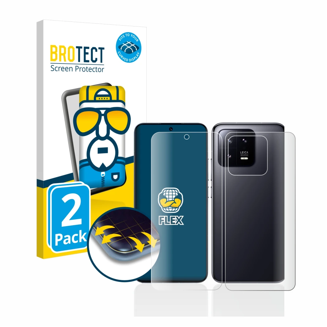 Parte frontale di una confezione del prodotto con il logo del marchio BROTECT. Accanto è raffigurato il dispositivo Xiaomi 13 