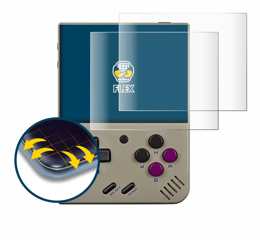 Immagine del dispositivo Miyoo Mini Plus con un'ampia varietà di protezioni per lo schermo.