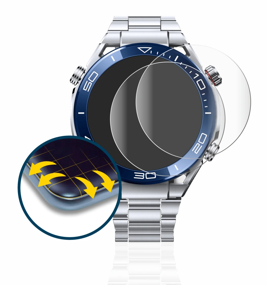 Immagine del dispositivo Huawei Watch Ultimate (48.5 mm) con un'ampia varietà di protezioni per lo schermo.