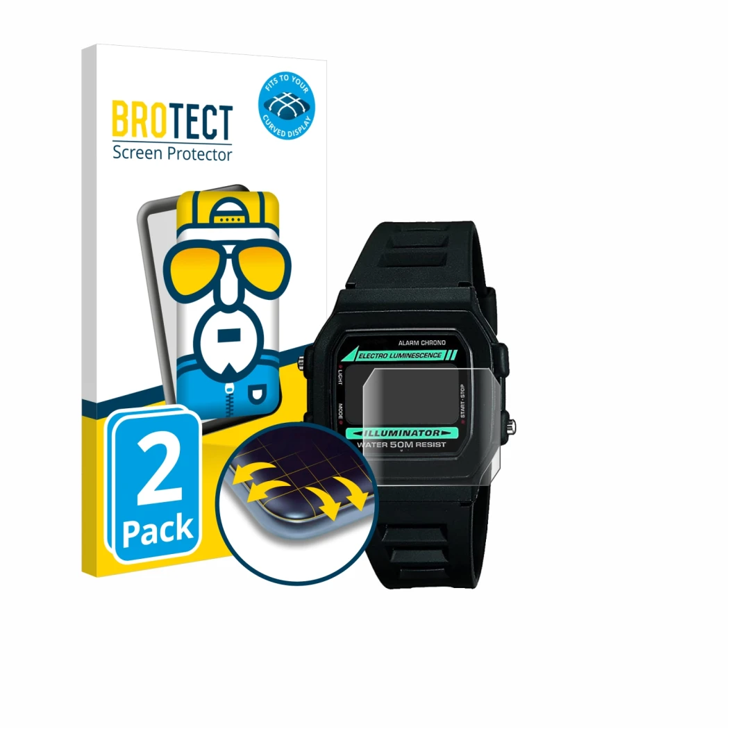 Parte frontale di una confezione del prodotto con il logo del marchio BROTECT. Accanto è raffigurato il dispositivo Casio W-86