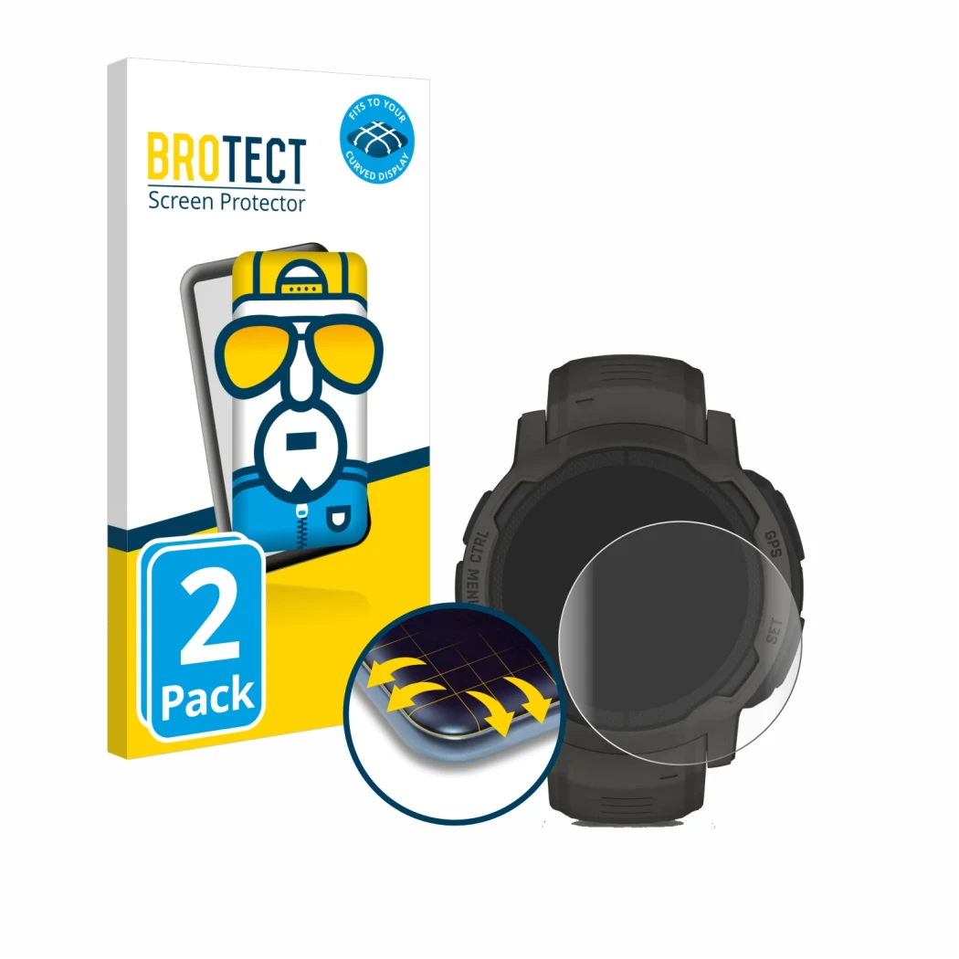 Parte frontale di una confezione del prodotto con il logo del marchio BROTECT. Accanto è raffigurato il dispositivo Garmin Ins