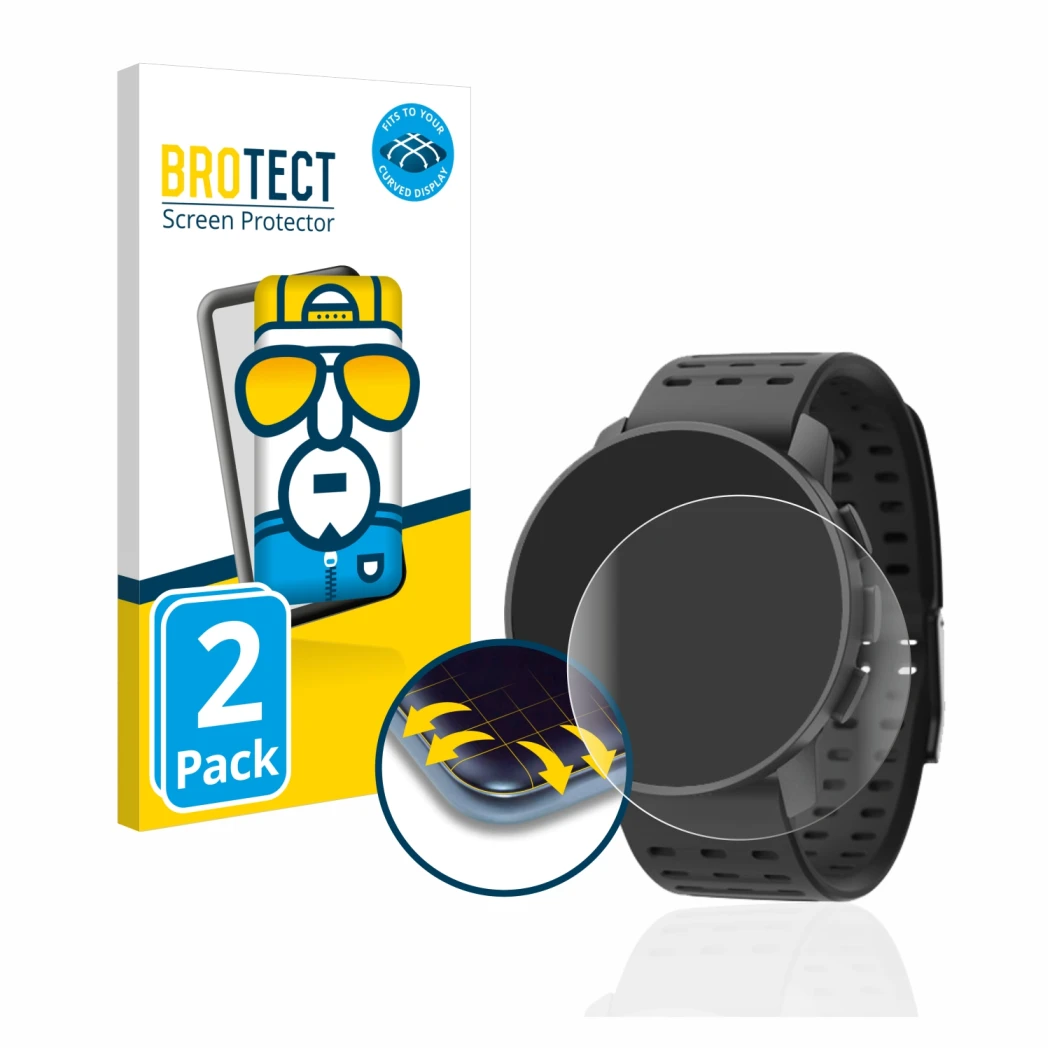Parte frontale di una confezione del prodotto con il logo del marchio BROTECT. Accanto è raffigurato il dispositivo Suunto 9 P