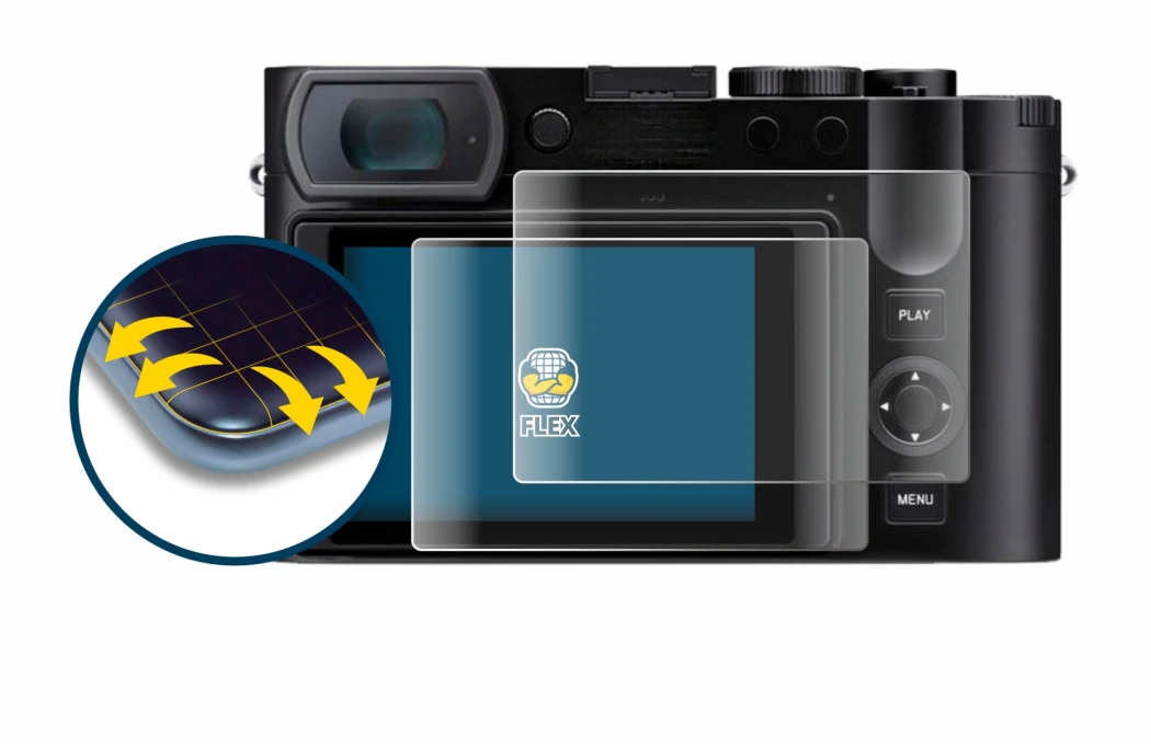 Immagine del dispositivo Leica Q3 con un'ampia varietà di protezioni per lo schermo.