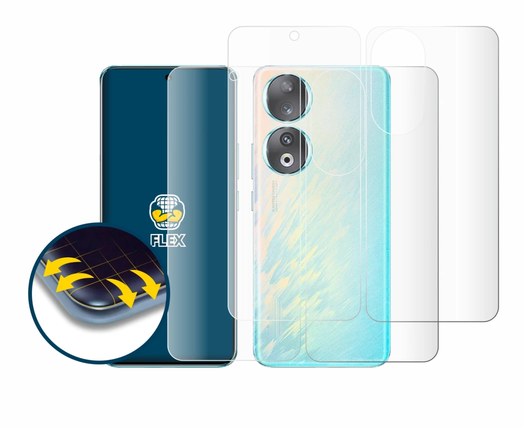 Immagine del dispositivo Honor 90 (Fronte+Retro) con un'ampia varietà di protezioni per lo schermo.