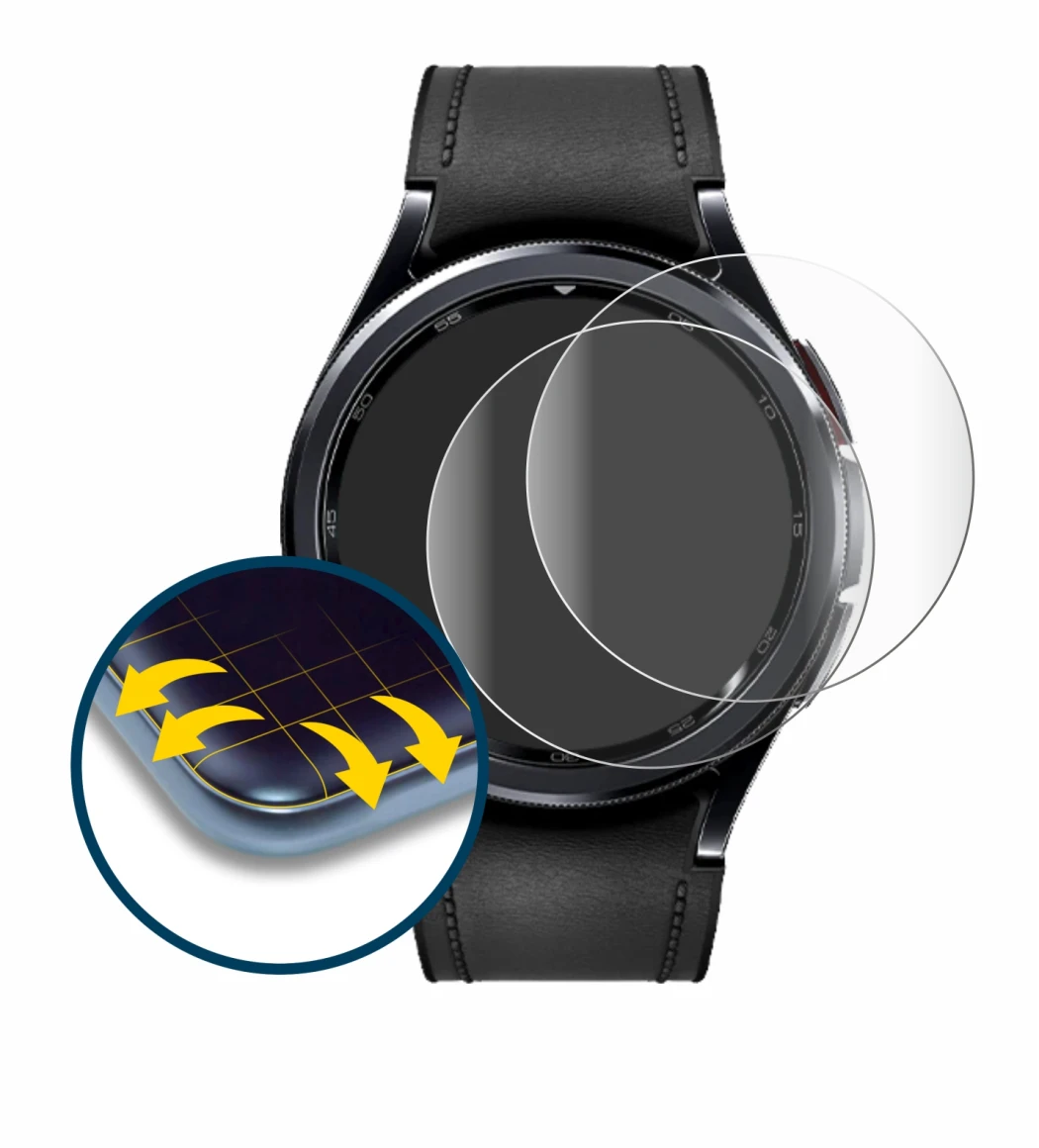 Immagine del dispositivo Samsung Galaxy Watch 6 Classic (47 mm) con un'ampia varietà di protezioni per lo schermo.