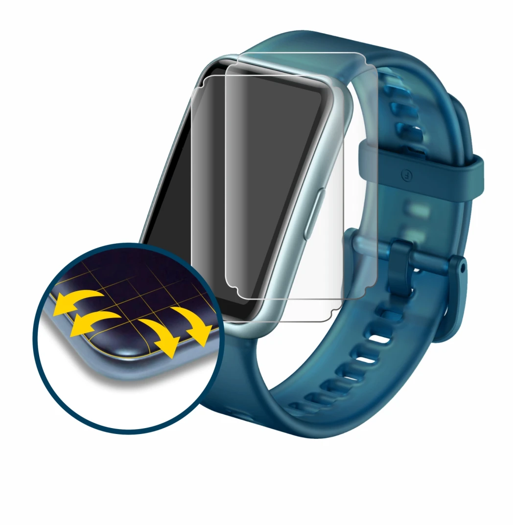 Immagine del dispositivo Huawei Watch Fit Special Edition con un'ampia varietà di protezioni per lo schermo.